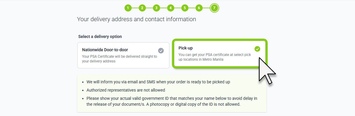 Choose a PSA certificate delivery option, with pick-up available at National Book Store or Robinsons Department Store.